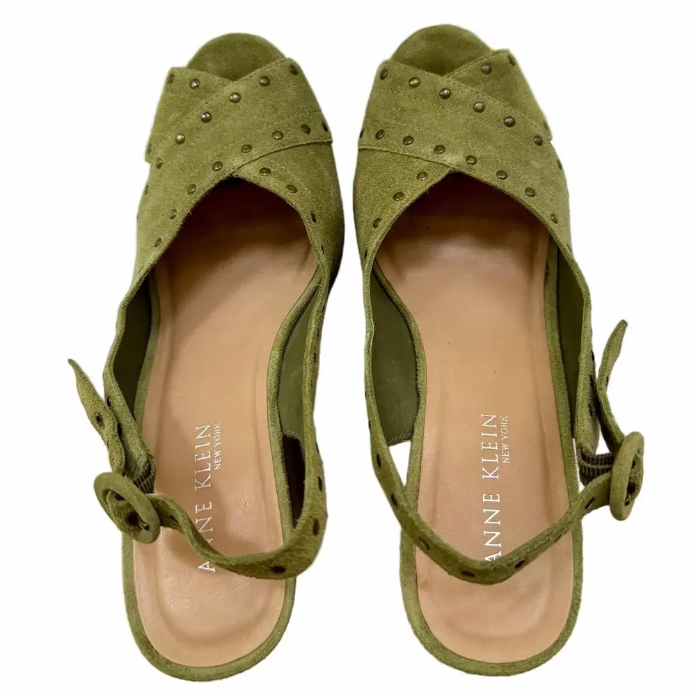 Vintage Anne Klein NY Suede Size 10 Olive Green Studded Wedge High Heel Sandals
